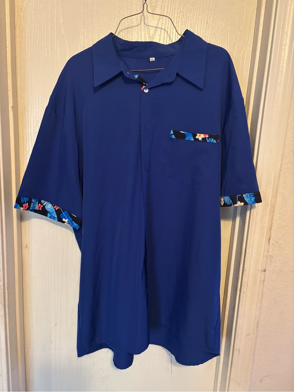 Men's Royal Blue Short-Sleeve Shirt with Floral Trim